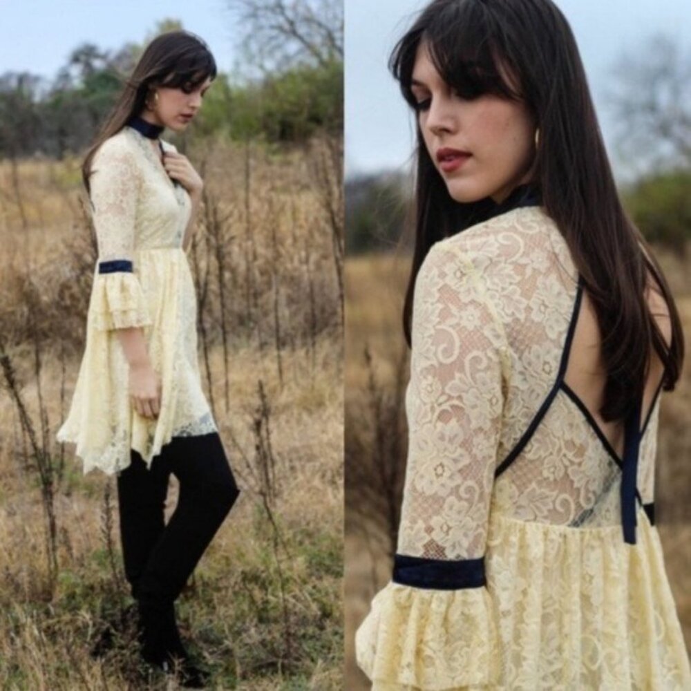 FREE PEOPLE GILDED LACE BELL SLEEVE DRESS Medium Cottagecore High Neck Feminine